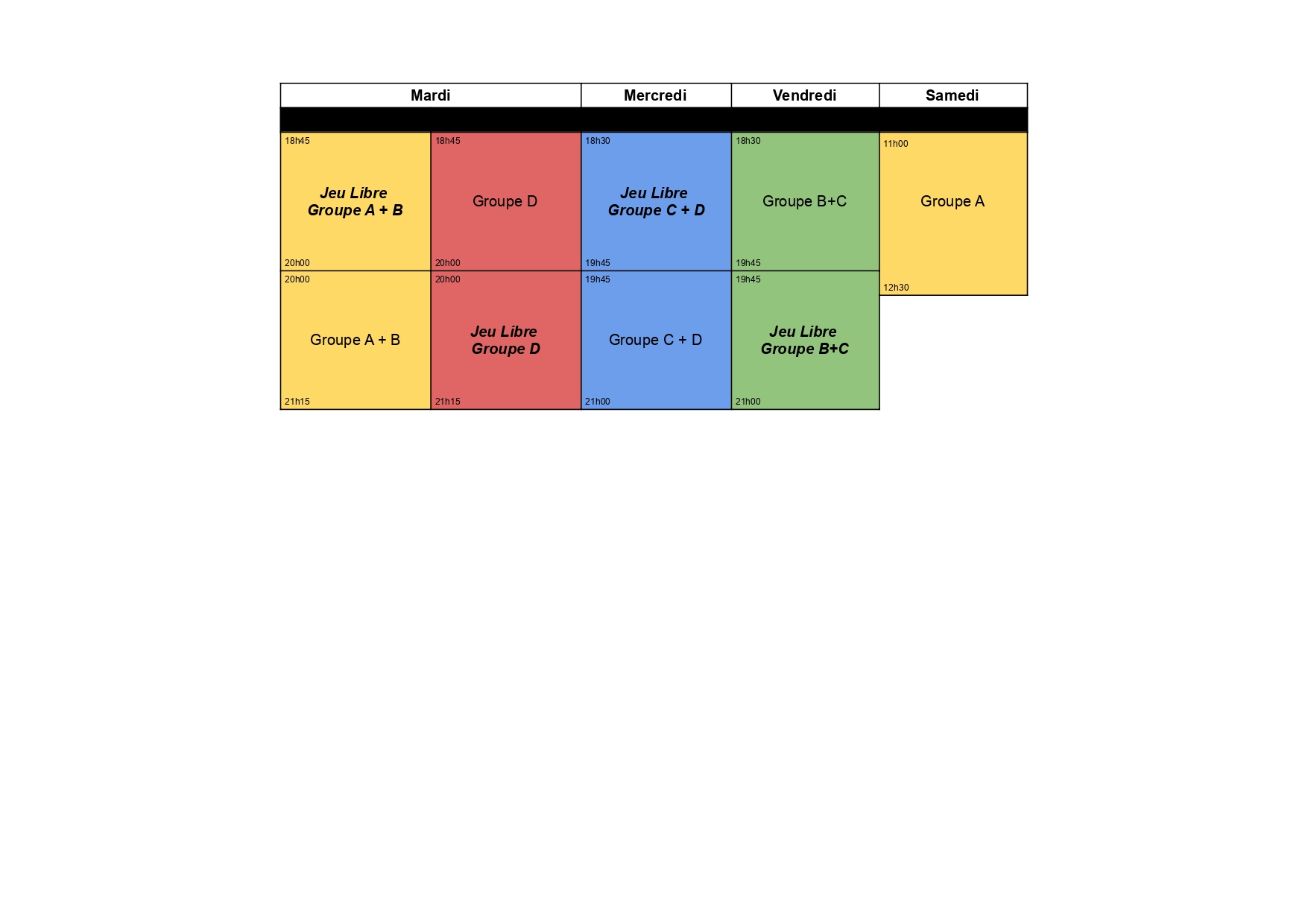 Créneaux entrainement Adultes